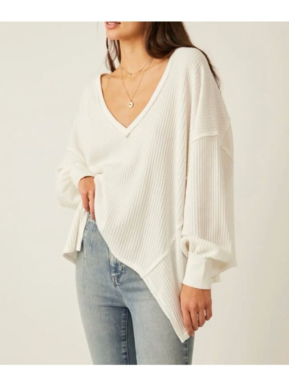 We The Free By Free People Coraline Thermal Top Medium White V Neck Waffle Knit